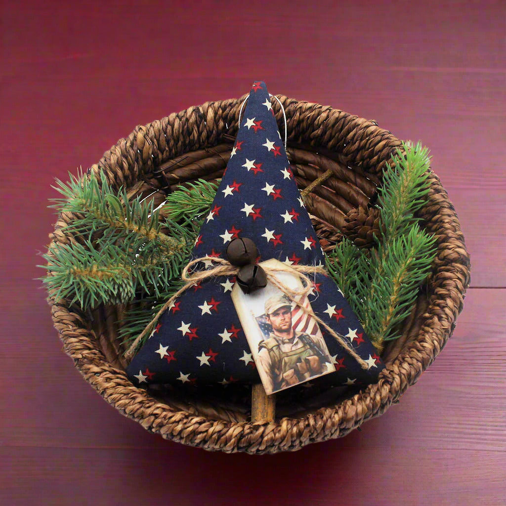 Tree-shaped Christmas ornament or bowl filler with stars on a navy blue background