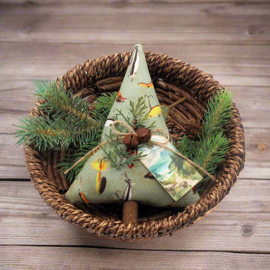 Tree-shaped Christmas ornament or bowl filler with a fishing lure design