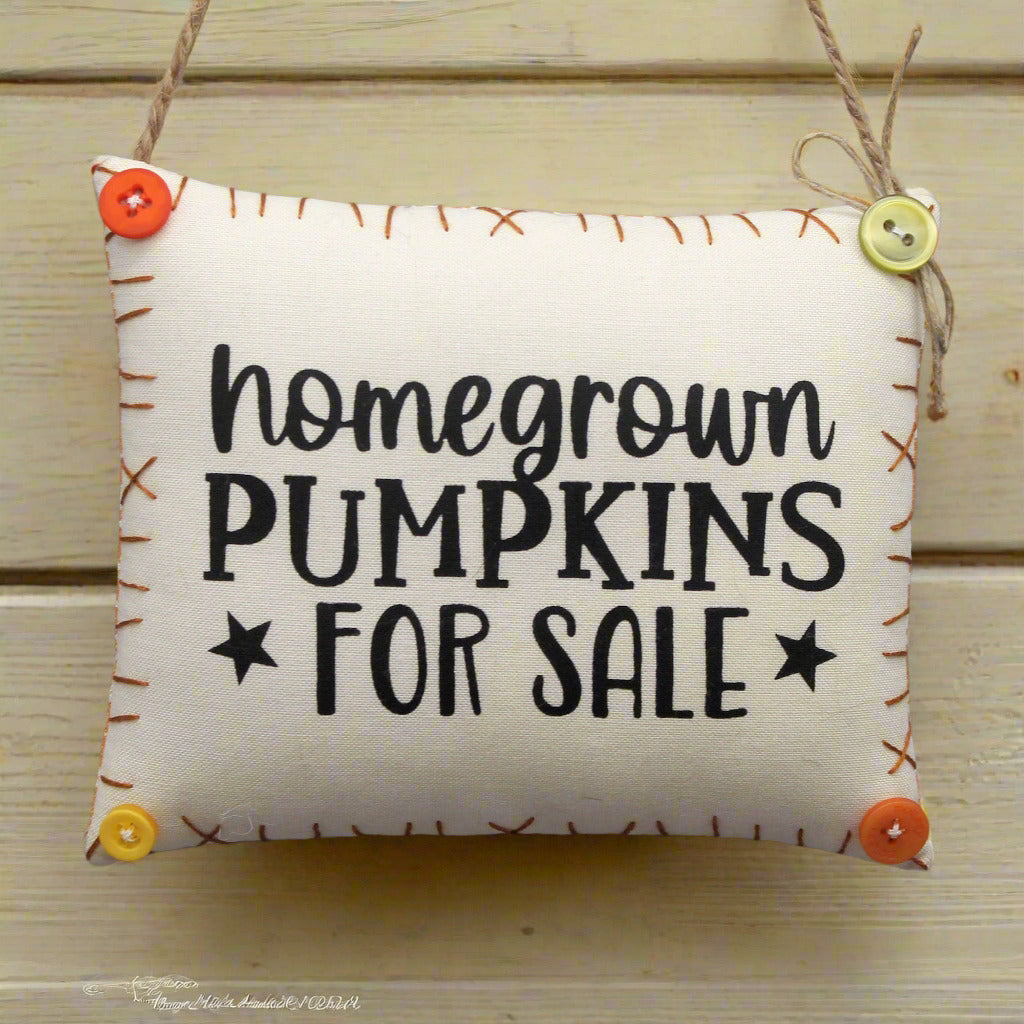 Fabric sign with 'homegrown pumpkins for sale' text