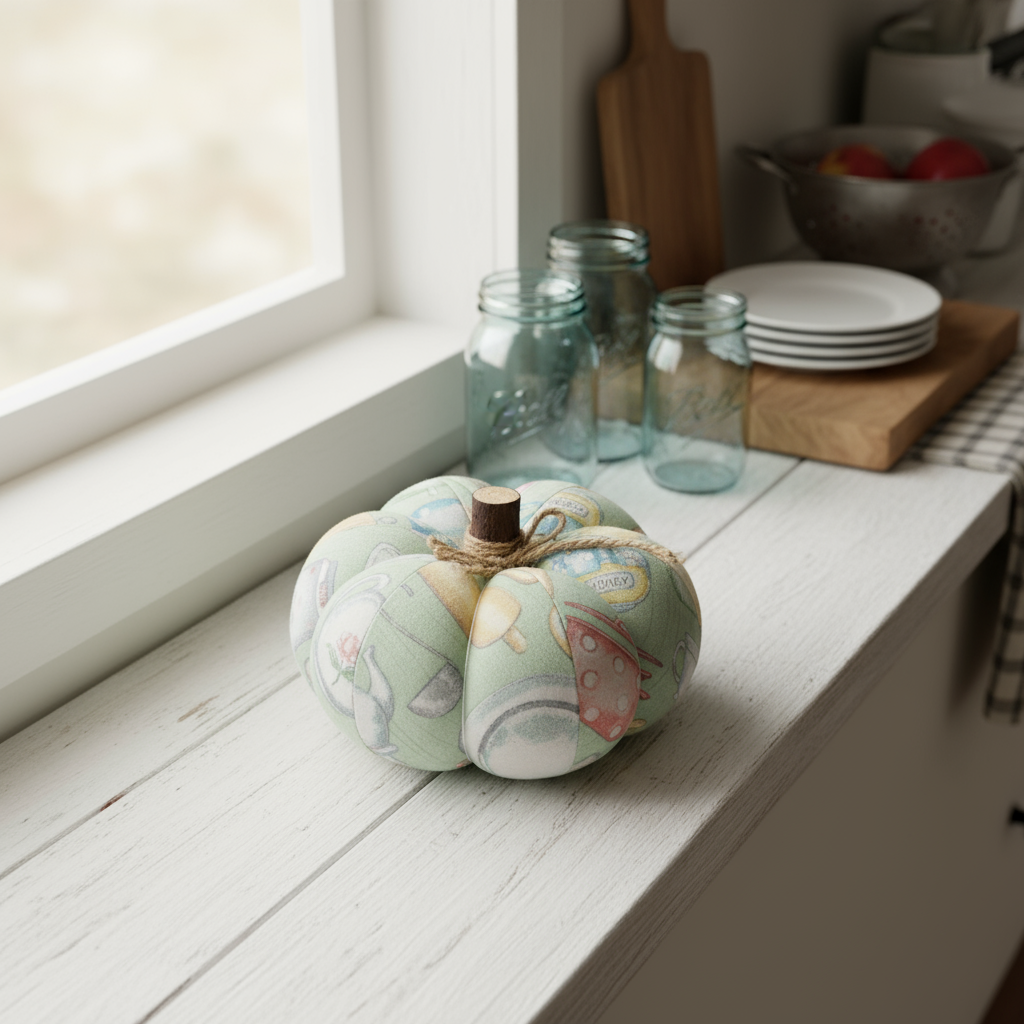 Decorative pumpkin with a pastel kitchen design on a white surface near a window.