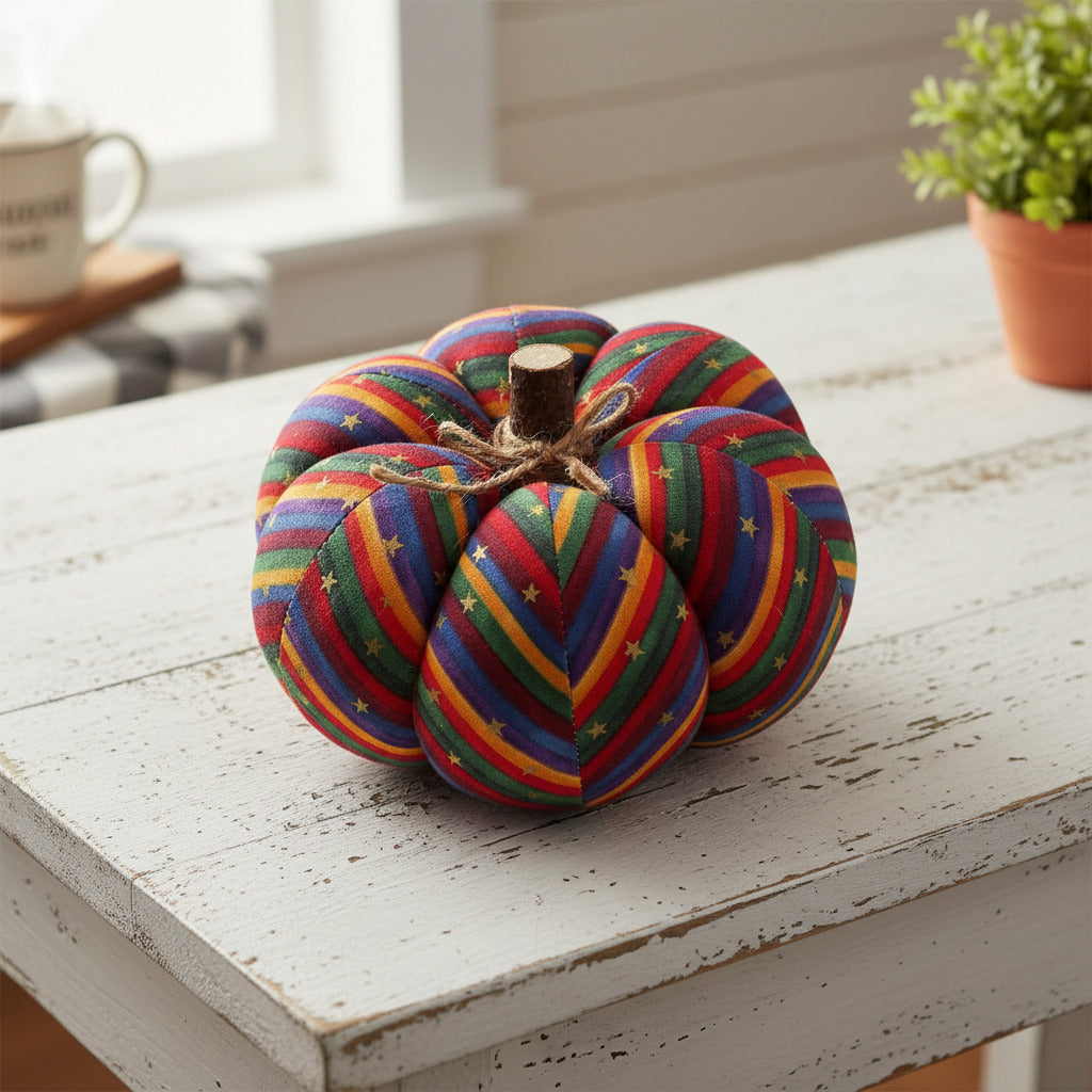 Decorative pumpkin with rainbow pattern and star designs