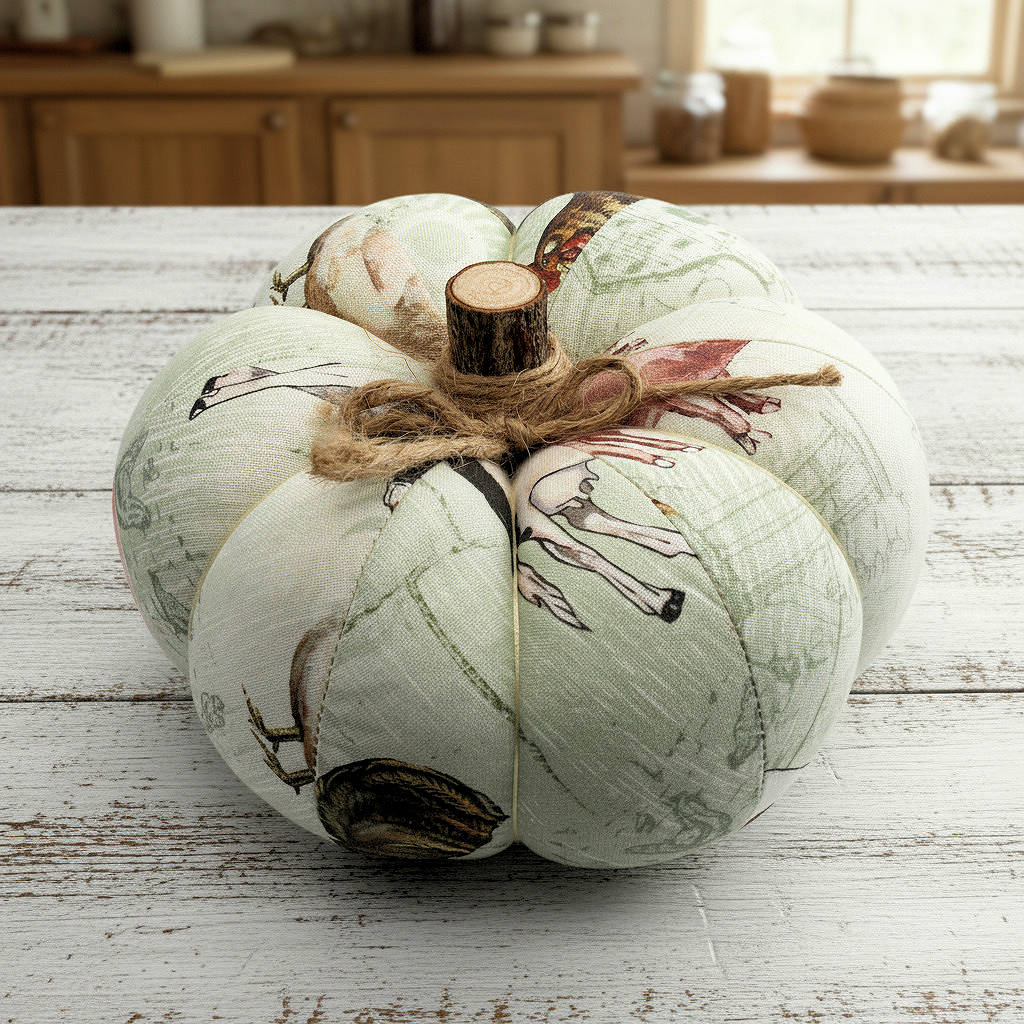 Decorative fabric pumpkin with a farmhouse animal design