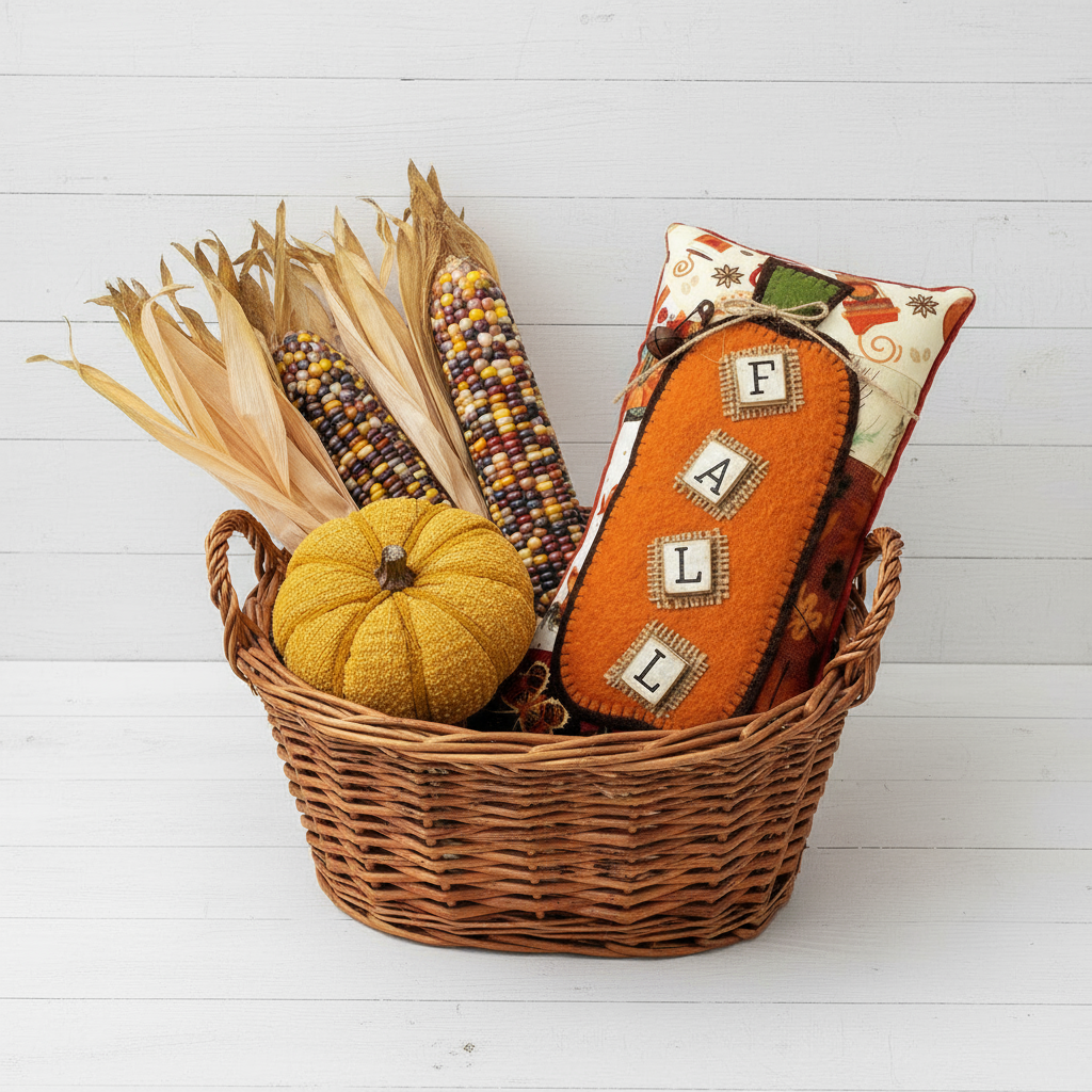 Basket with decorative items including a pumpkin, corn, and a pillow with 'FALL' letters on a white wooden background.