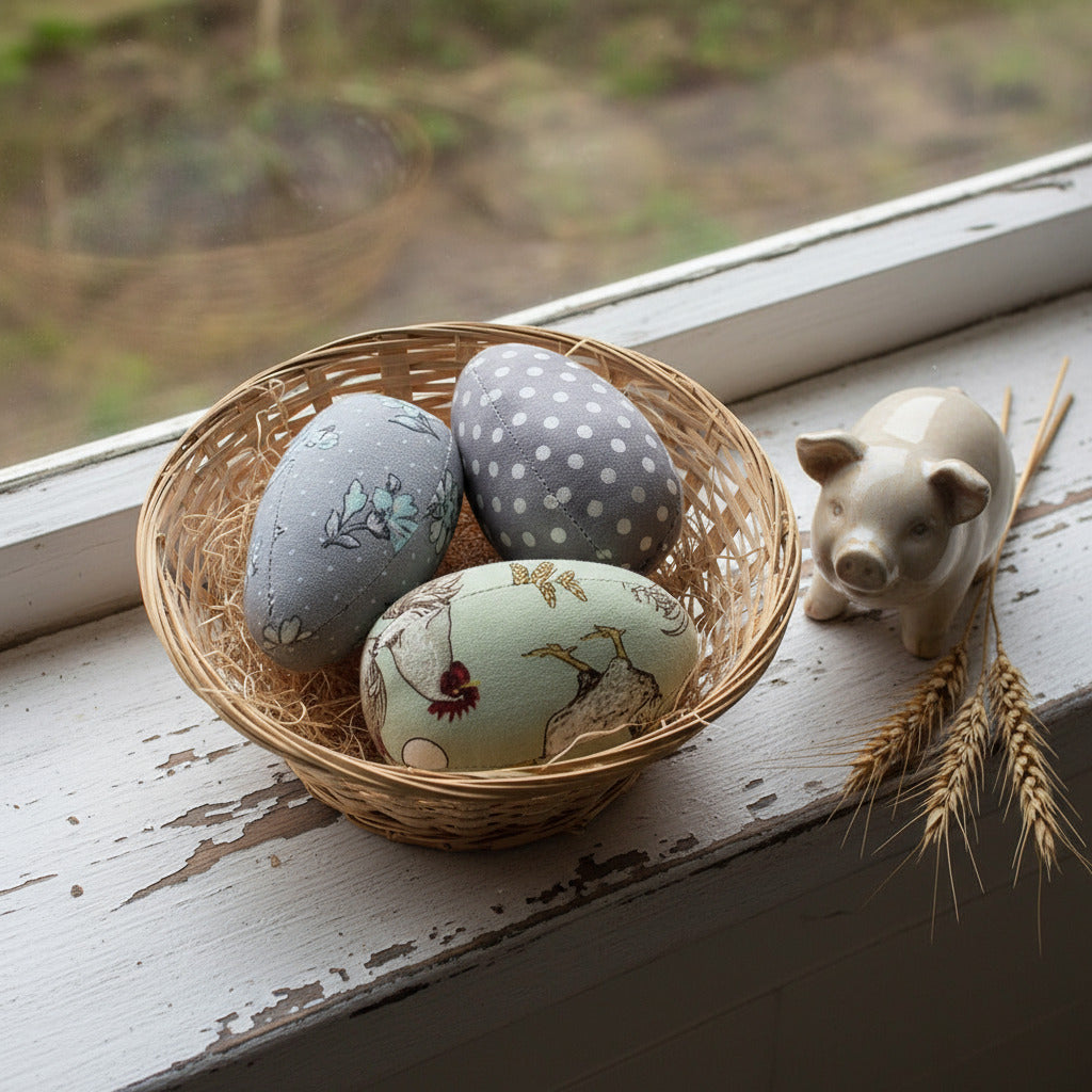 Decorative fabric egg bowl fillers in a wicker basket on a white background