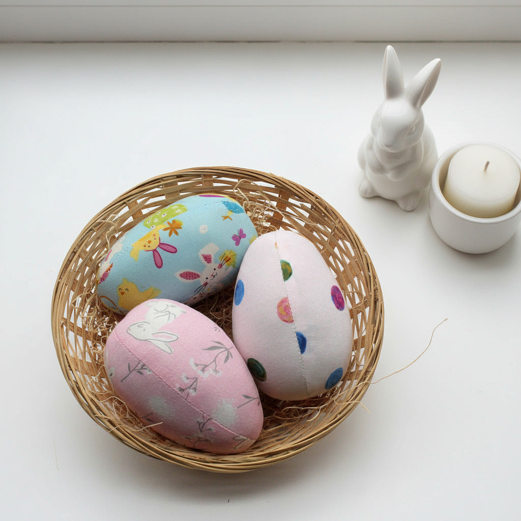Decorative Easter eggs with patterns in a wicker basket on a white background