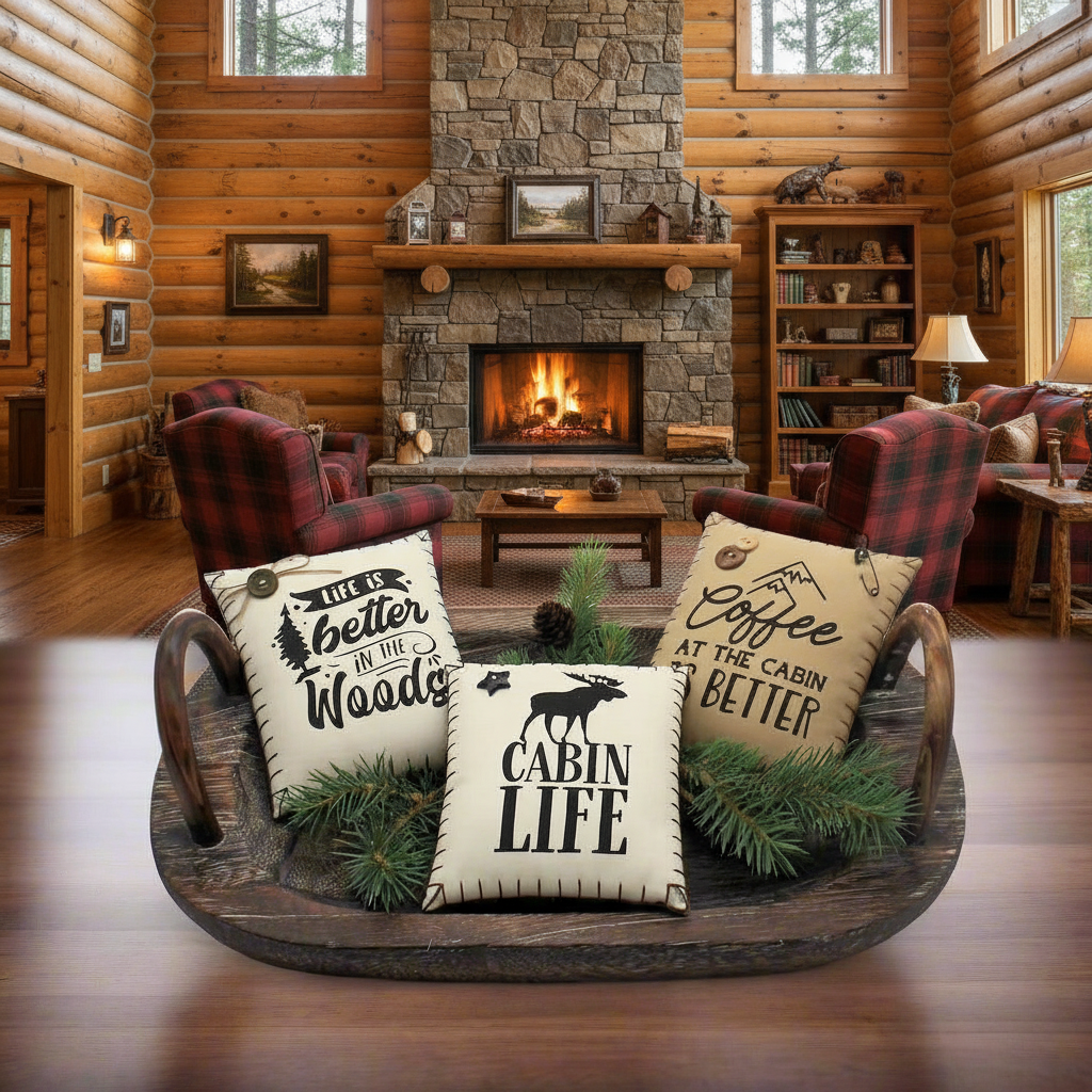 Log cabin interior with fireplace, chairs, and decorative pillows.