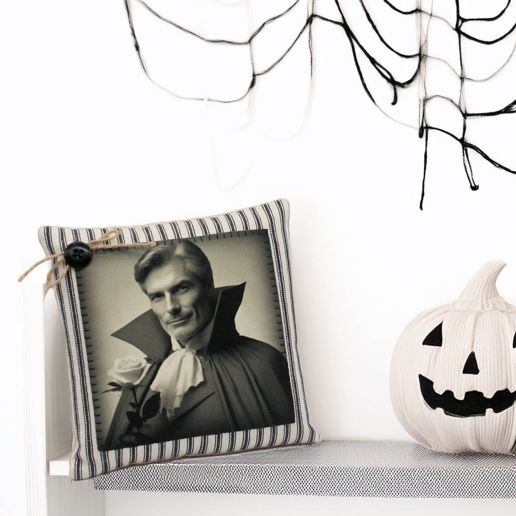 Decorative pillow with a handsome vampire design next to a white pumpkin with black face on a white background