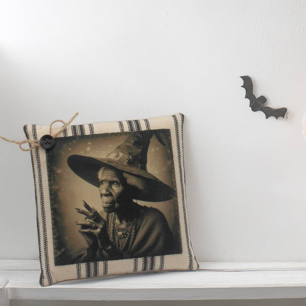 Decorative pillow with a witch design on a white shelf.