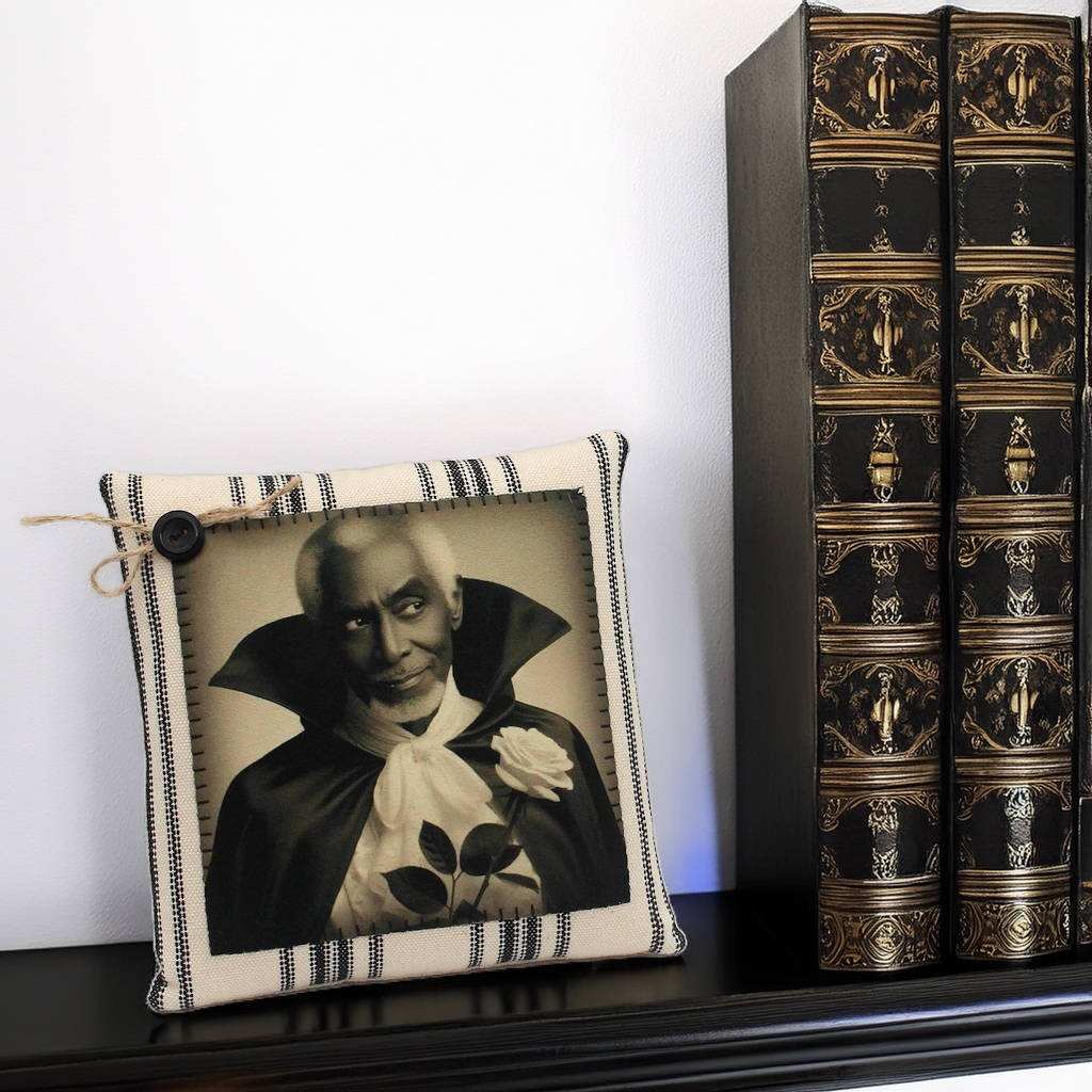 Decorative pillow with a portrait and ornate books on a shelf