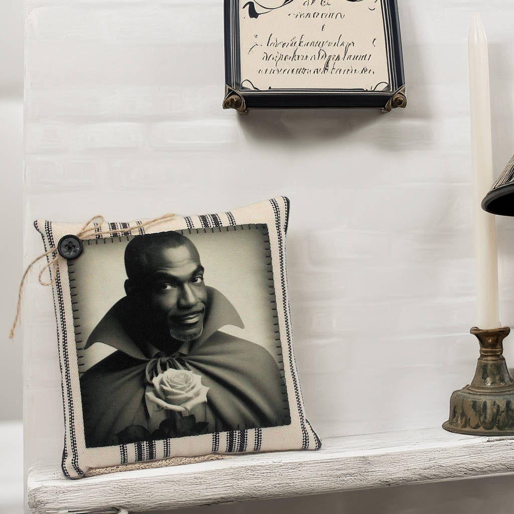 Decorative pillow with a black and white portrait of a vampire holding a rose on a shelf.
