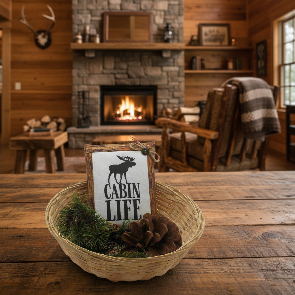 Decorative sign with 'Cabin Life' on a wooden table in a cozy cabin setting.
