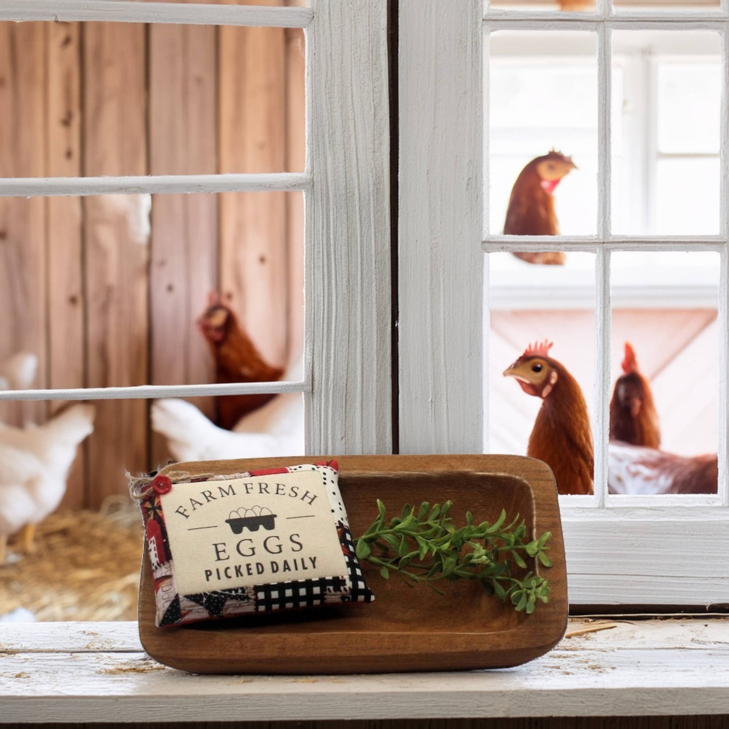 Wooden tray with 'Farm Fresh Eggs' sign and greenery, with chickens in the background.