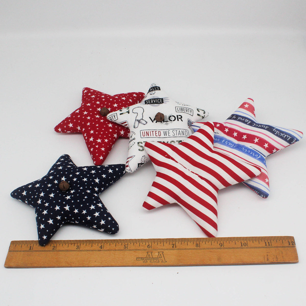 Patriotic Fabric Star Bowl Fillers with Rusty Bells – Set of 5 Americana Decor