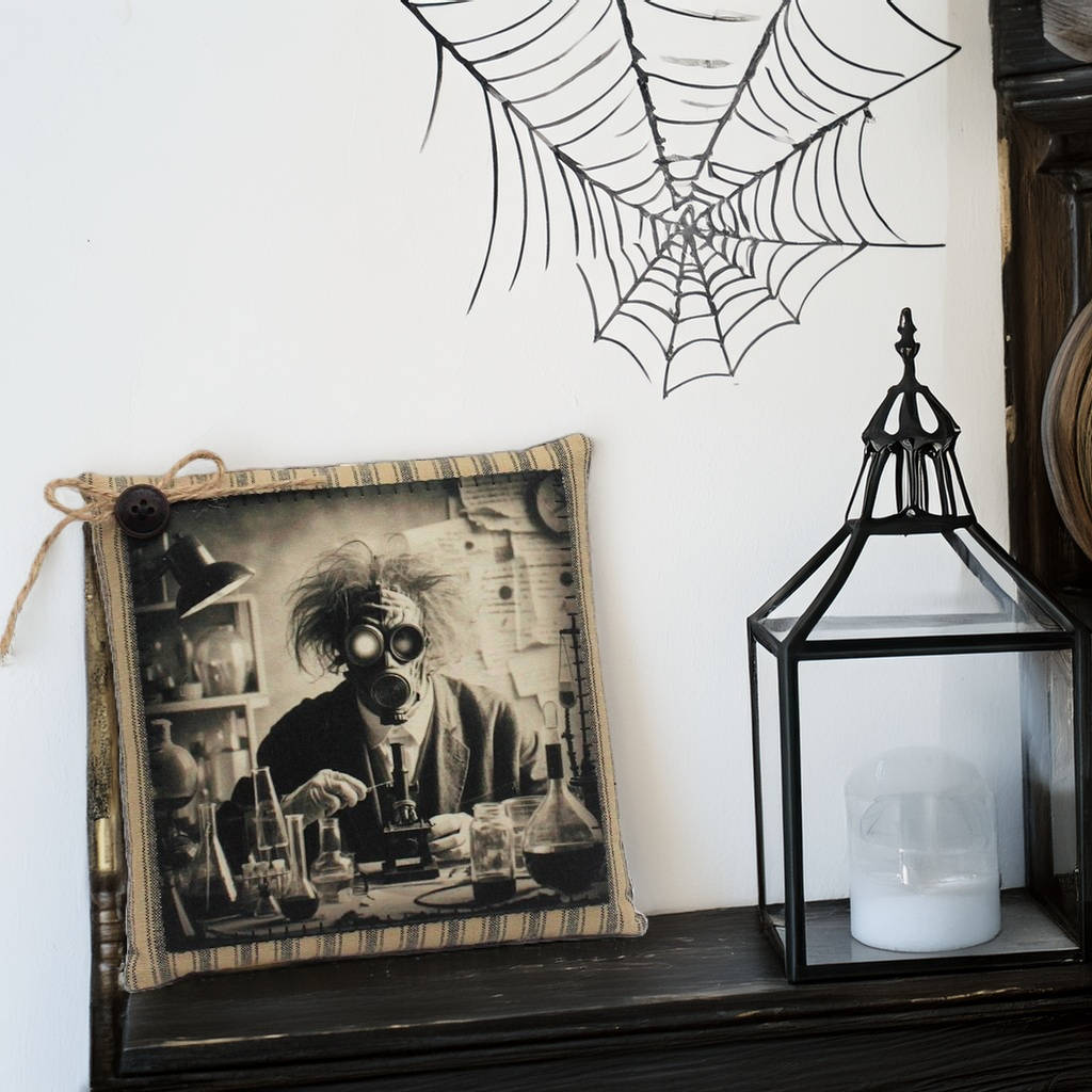 Decorative pillow with a creepy mad scientist design, candle lantern, and spider web on a white wall.