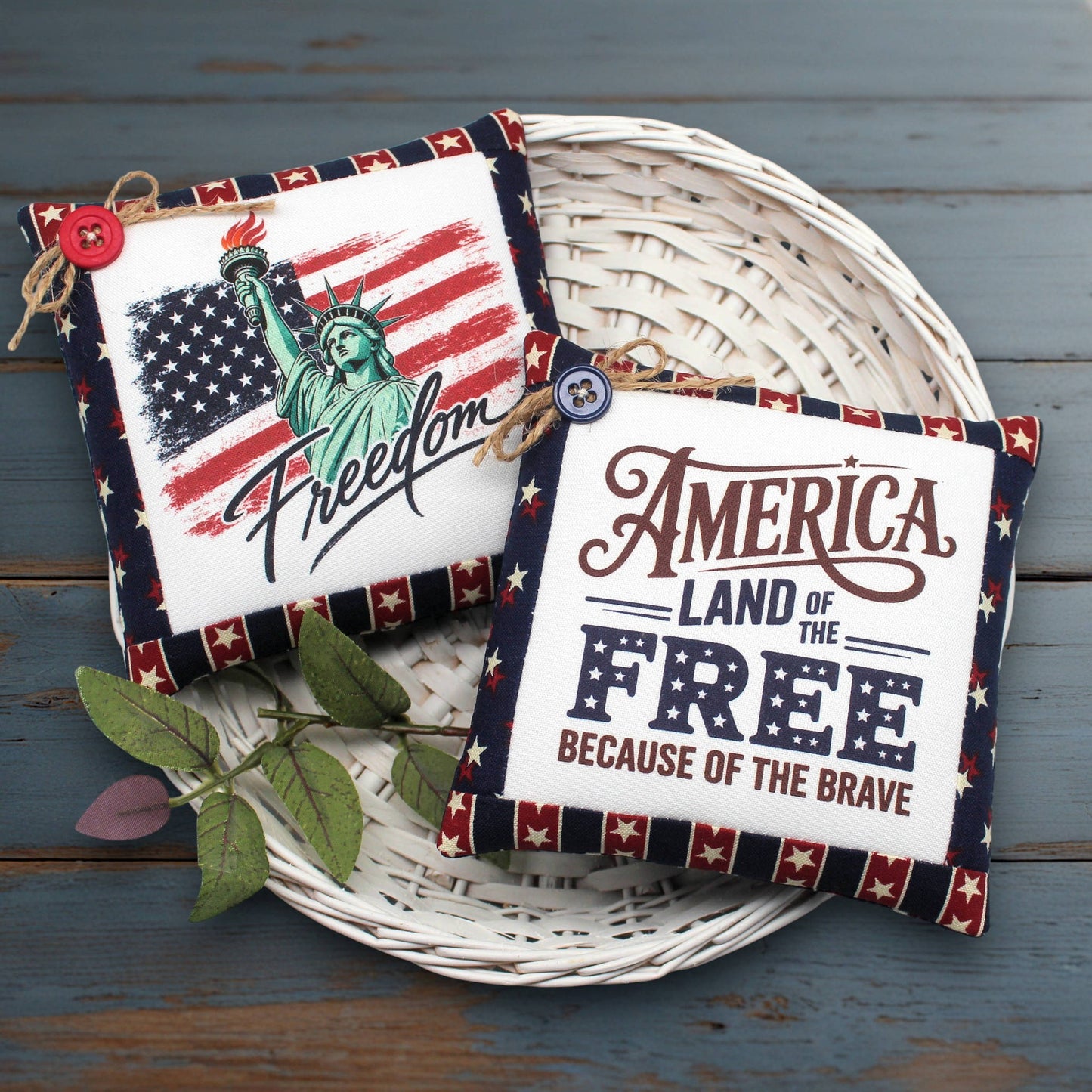 Set of two mini pillow bowl fillers with patriotic American themed designs