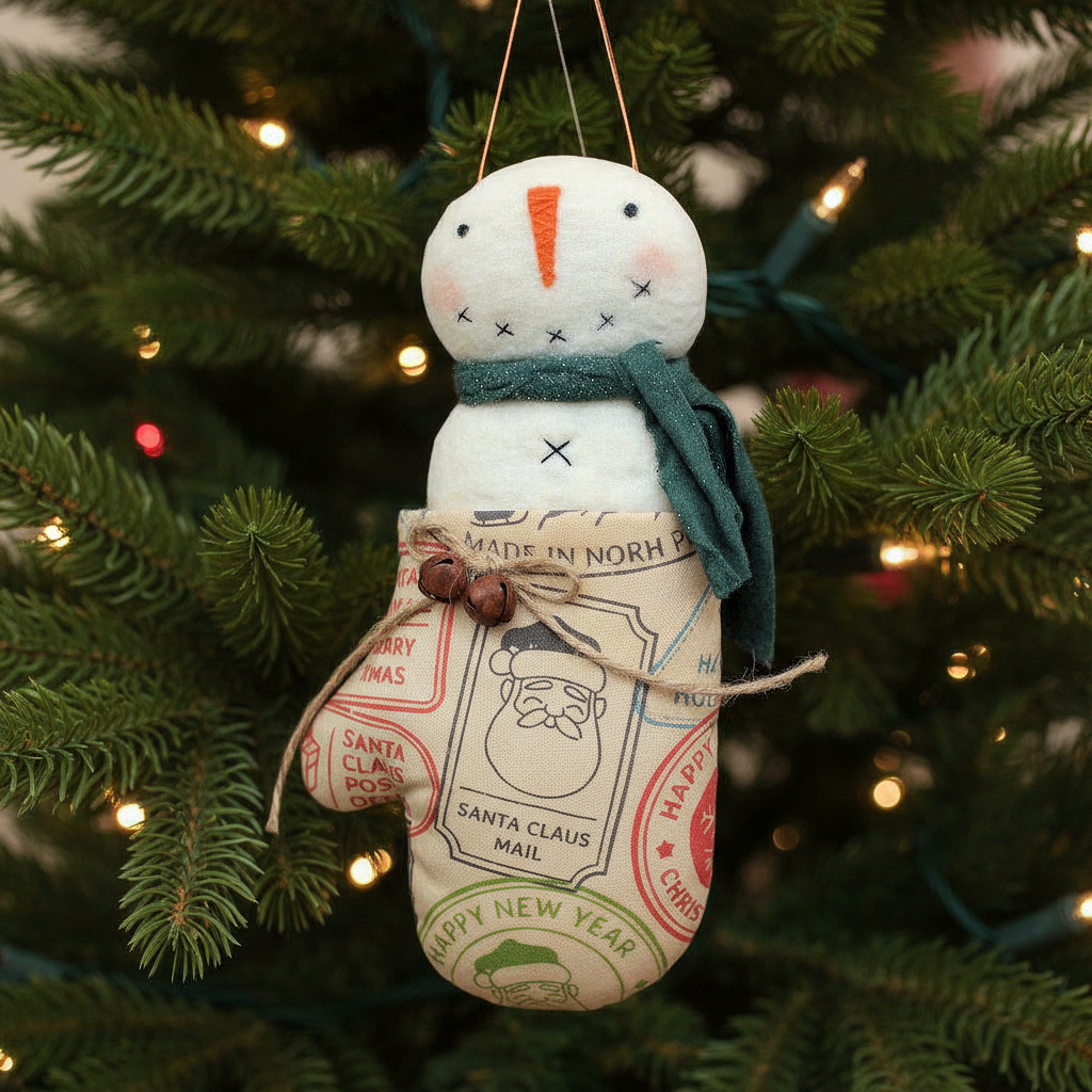 Decorative snowman ornament with a vintage-style label hanging on a Christmas tree.
