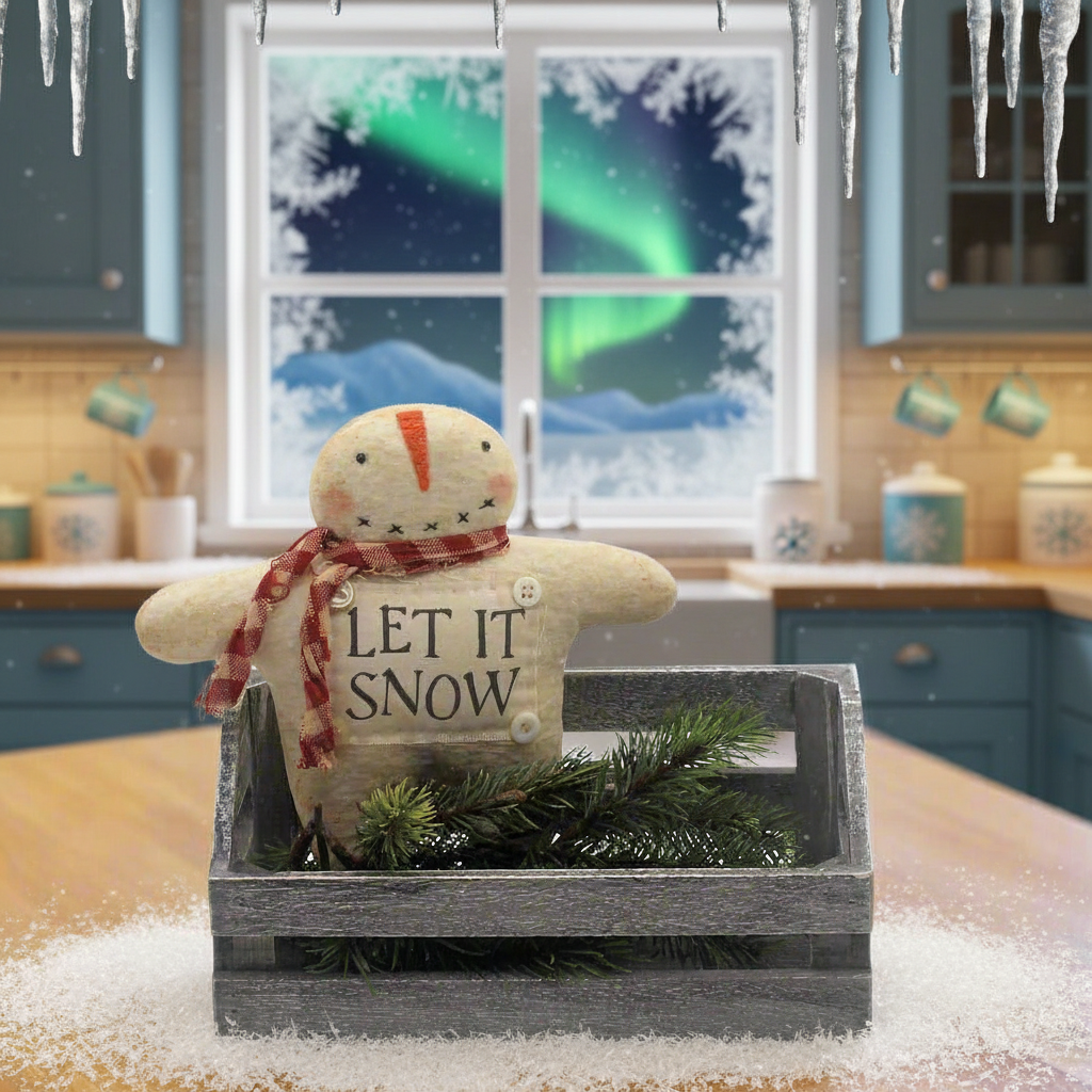 Decorative snowman figurine with 'Let It Snow' text in a kitchen setting with a window showing the Northern Lights.