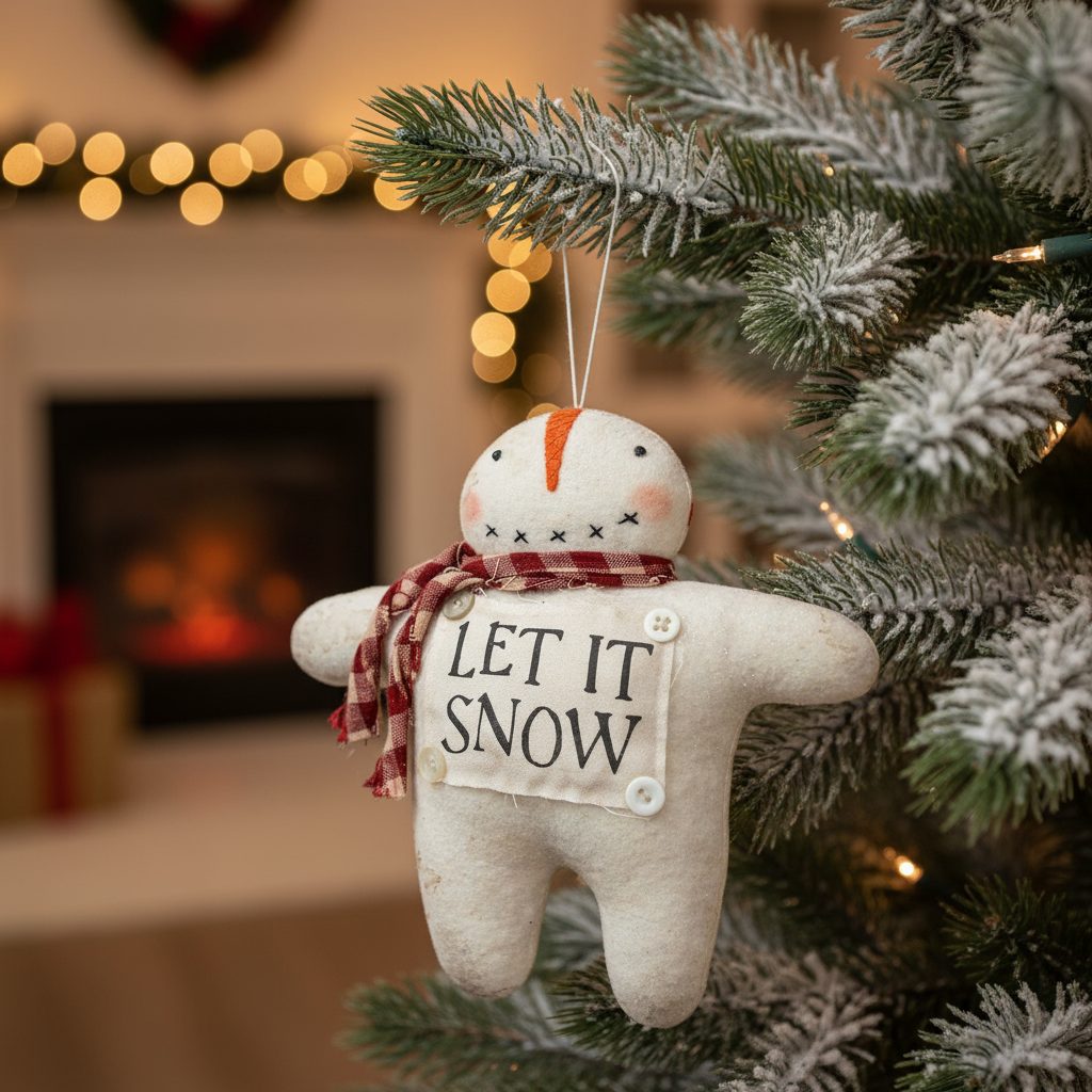 Decorative snowman ornament with 'Let It Snow' text hanging on a Christmas tree.