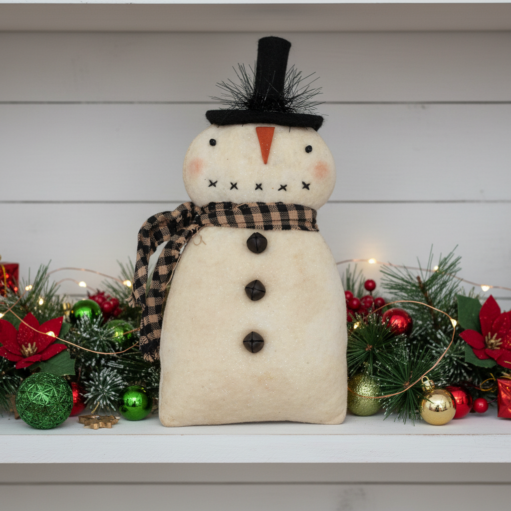Decorative snowman figure with a black top hat and plaid scarf, surrounded by Christmas decorations on a white surface.