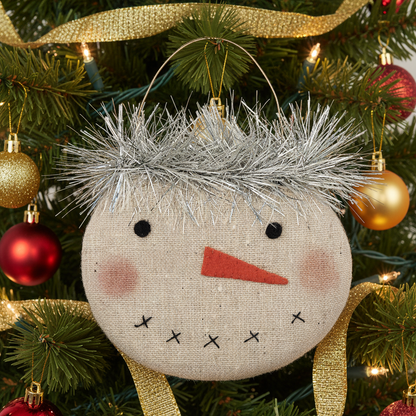 Decorative snowman ornament with tinsel hair on a Christmas tree.