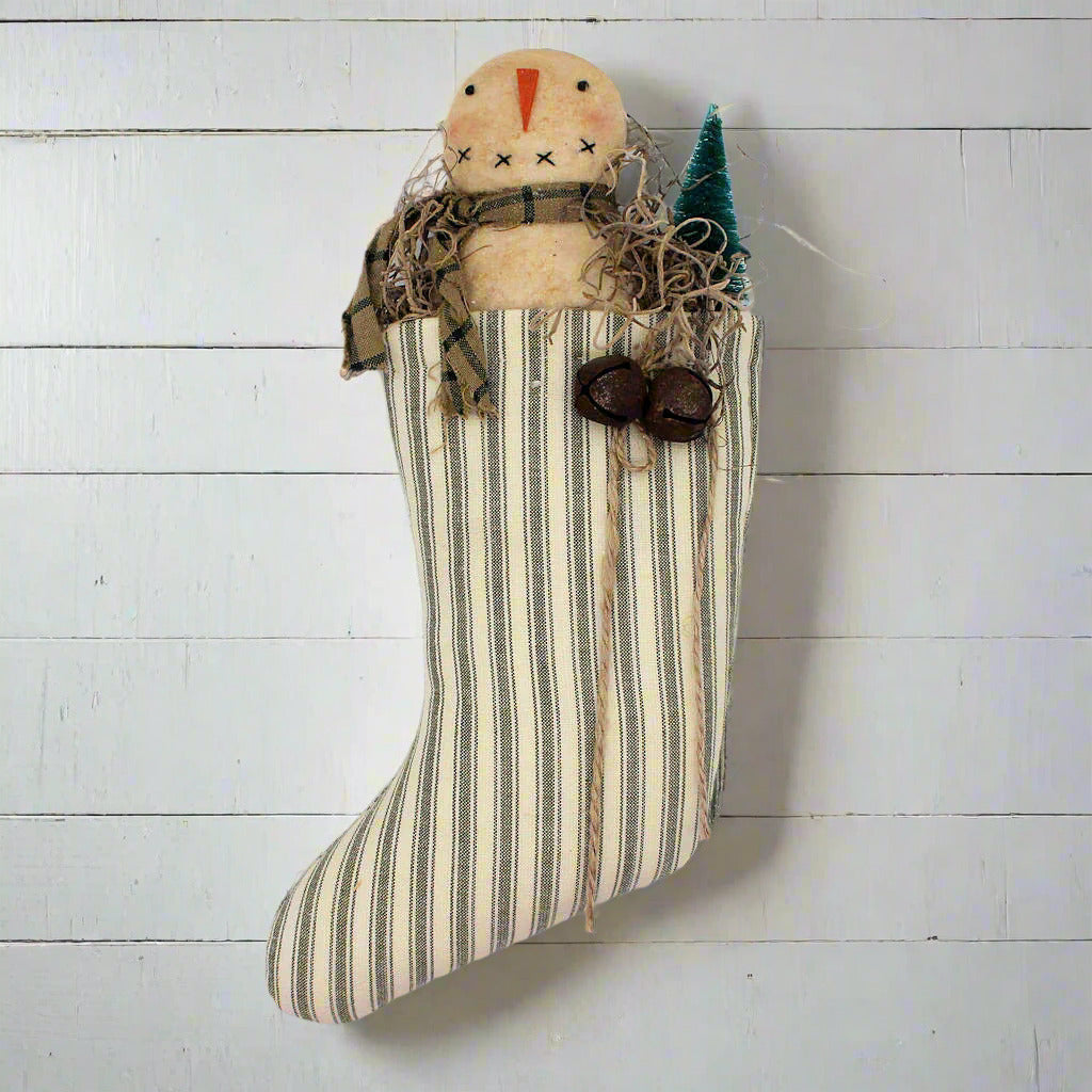 Decorative stocking with a snowman figure on a white background