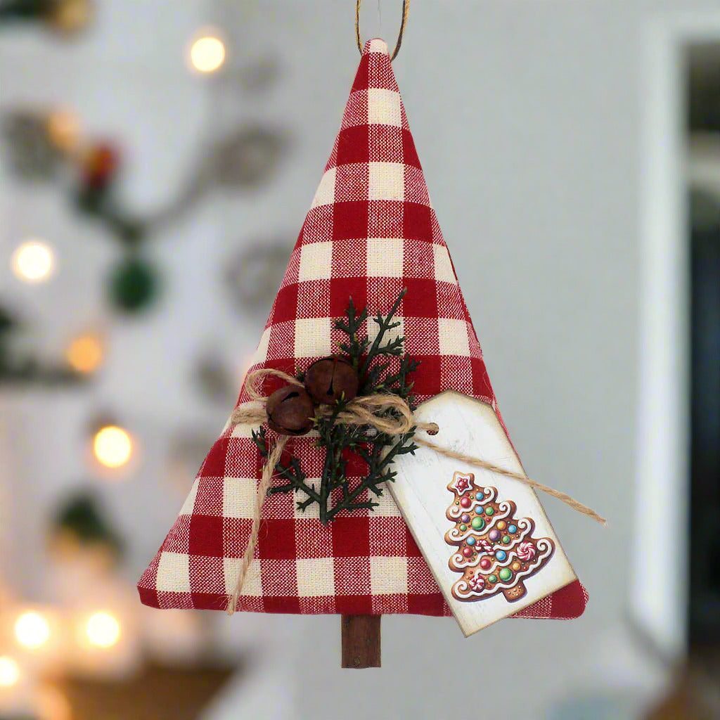 Red and white checkered Christmas tree ornament with a tag