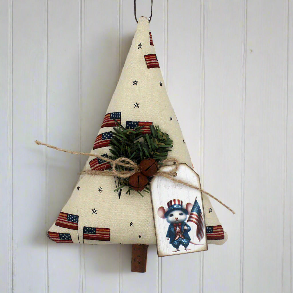 Decorative Christmas tree ornament with American flag design on a white background