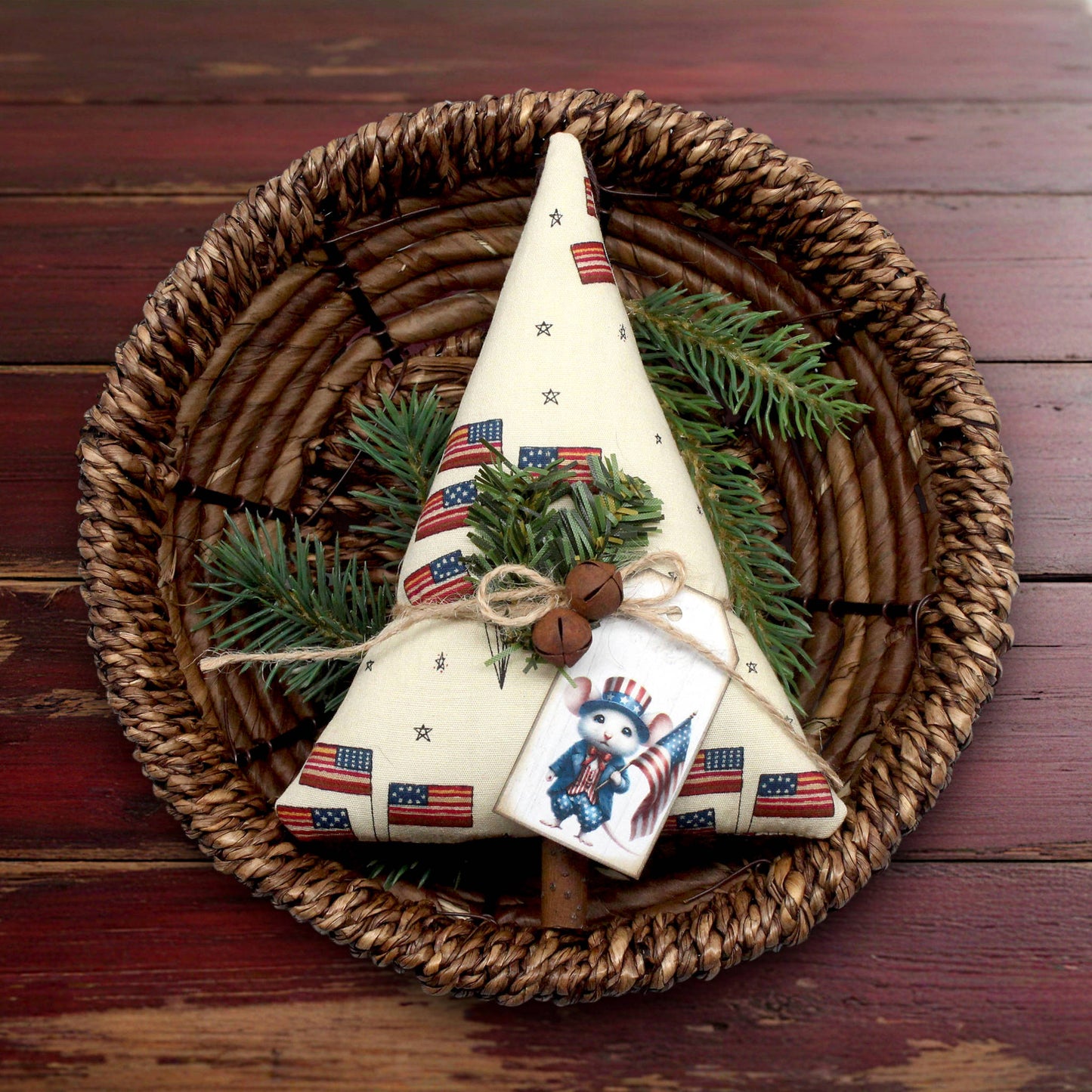 Decorative Christmas tree with American flag patterns on a woven basket
