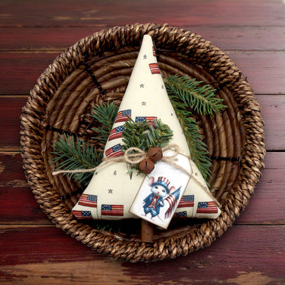 Decorative Christmas tree with American flag patterns on a woven basket