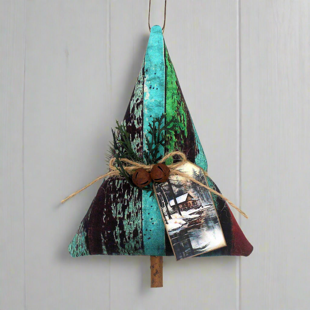 Tree-shaped Christmas ornament with bells and a tag