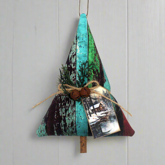 Tree-shaped Christmas ornament with bells and a tag