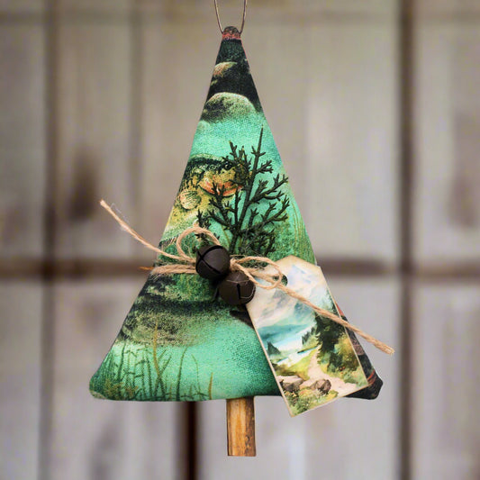 Fabric tree-shaped Christmas ornament with images of game fish
