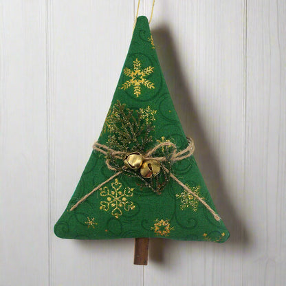 Tree-shaped Christmas ornament or bowl filler with metallic gold snowflakes on a green background