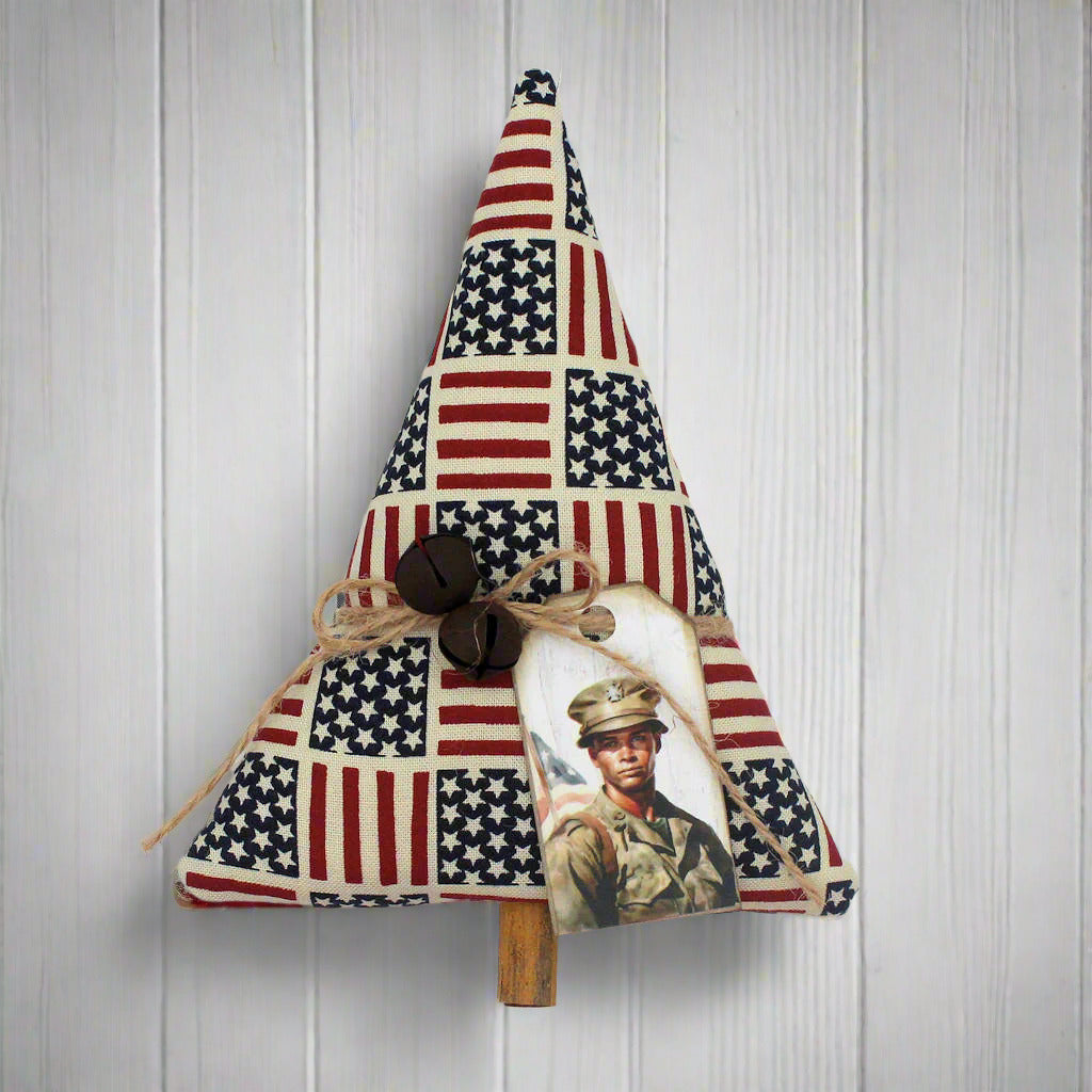 Decorative item with American flag pattern and a tag on a white background