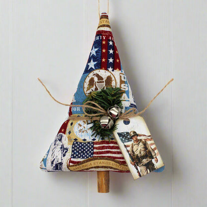Decorative Christmas tree ornament with American flag design on a white background