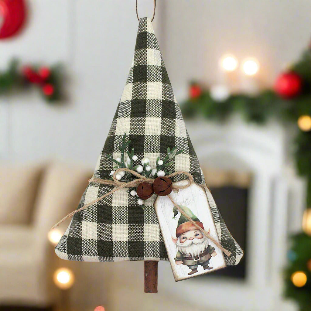 Decorative Christmas tree ornament with plaid pattern and small gnome figure
