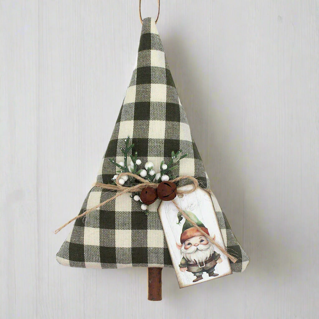 Decorative Christmas tree ornament with plaid pattern and small gnome figure on a white background