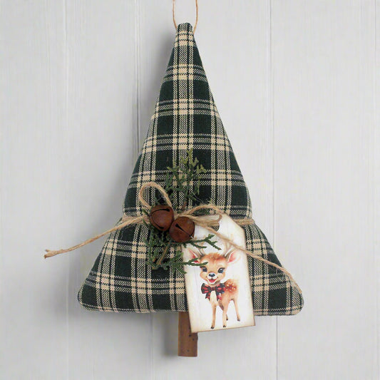 Tree-shaped Christmas ornament or bowl filler from green homespun fabric with rusty bells, greenery and a tag