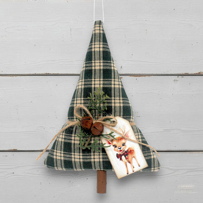 Tree-shaped Christmas ornament or bowl filler from green homespun fabric with rusty bells, greenery and a tag