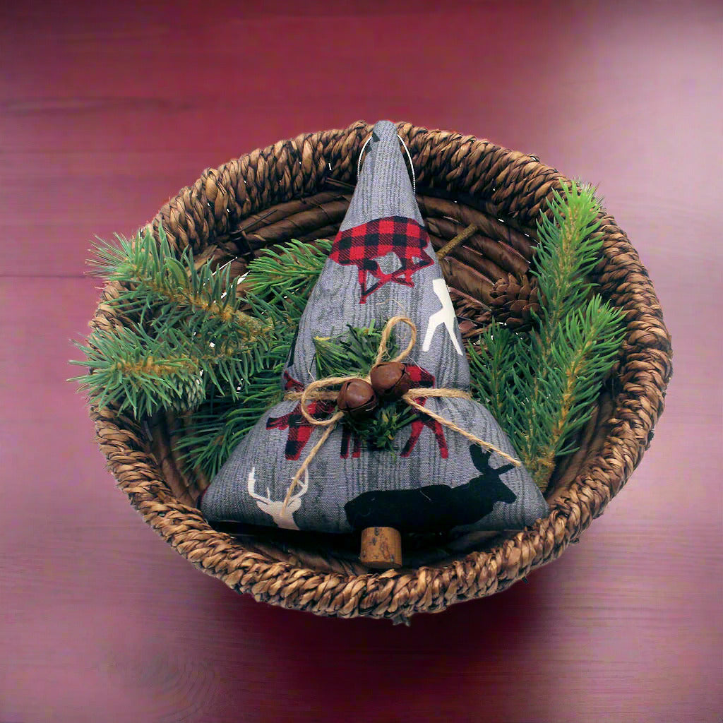 Tree-shaped Christmas ornament or bowl filler with buffalo plaid forest animals on a gray background