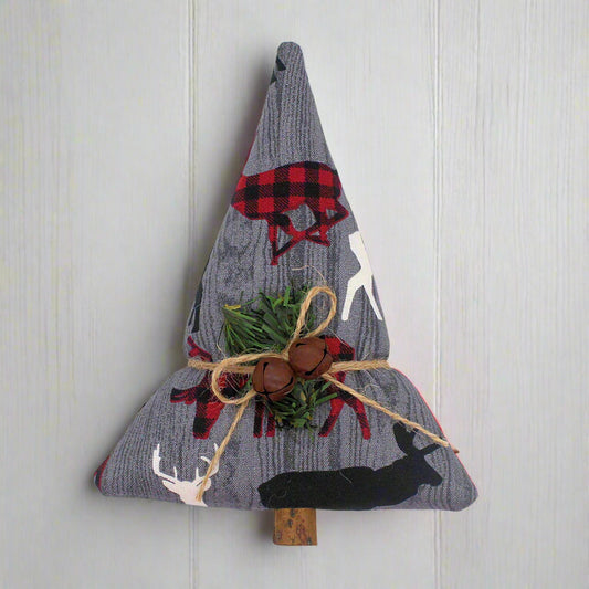 Decorative Christmas tree ornament with plaid patterns and natural elements on a white background