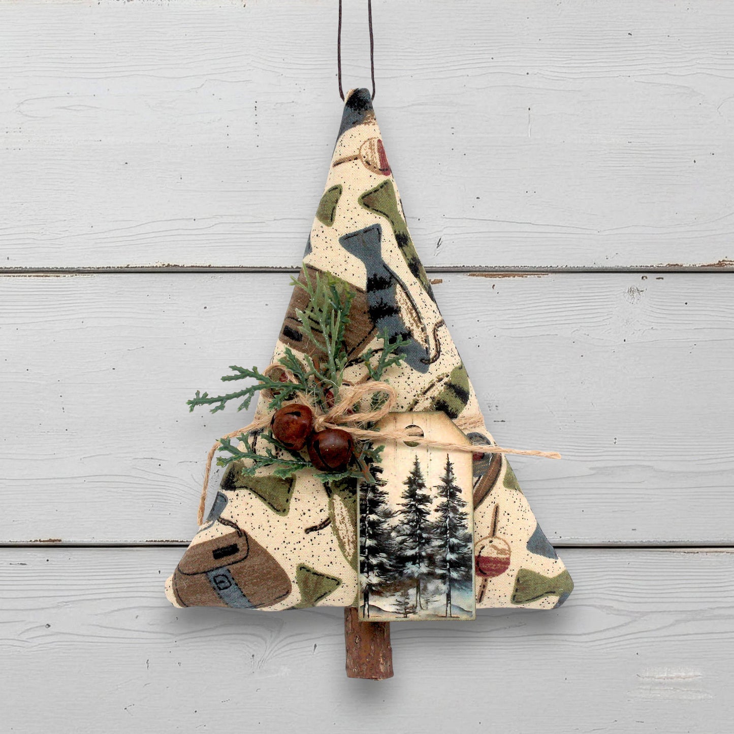 Decorative Christmas tree ornament with nature-themed design on a white background