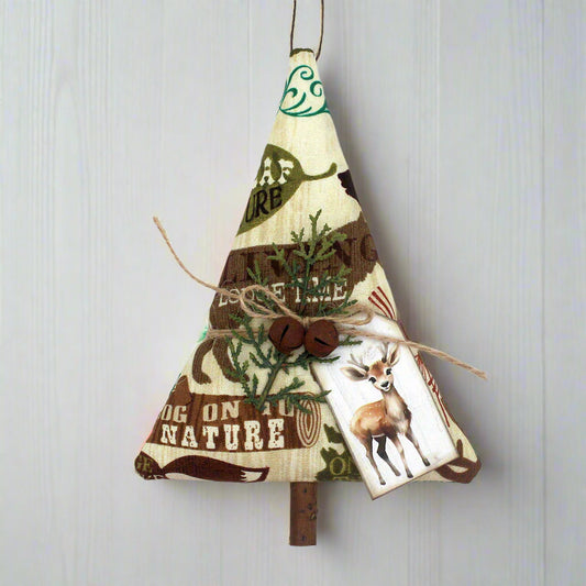Decorative Christmas tree ornament with nature-themed design on a white background