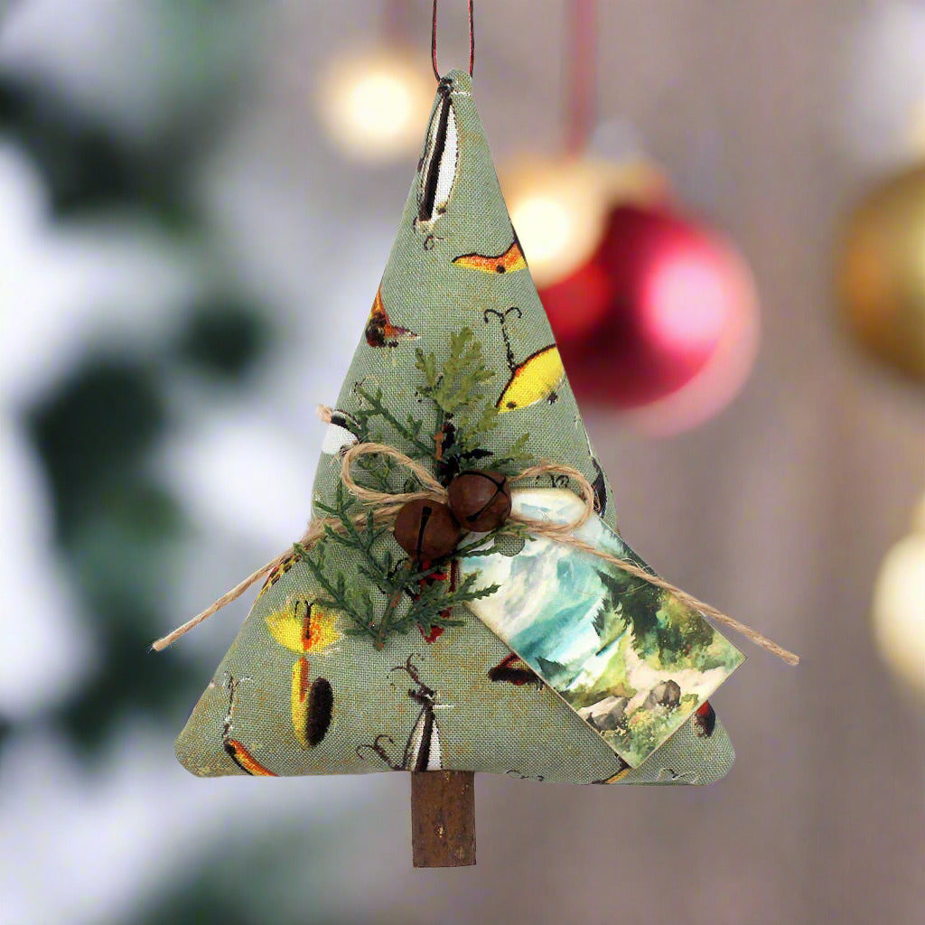 Tree-shaped Christmas ornament or bowl filler with a fishing lure design