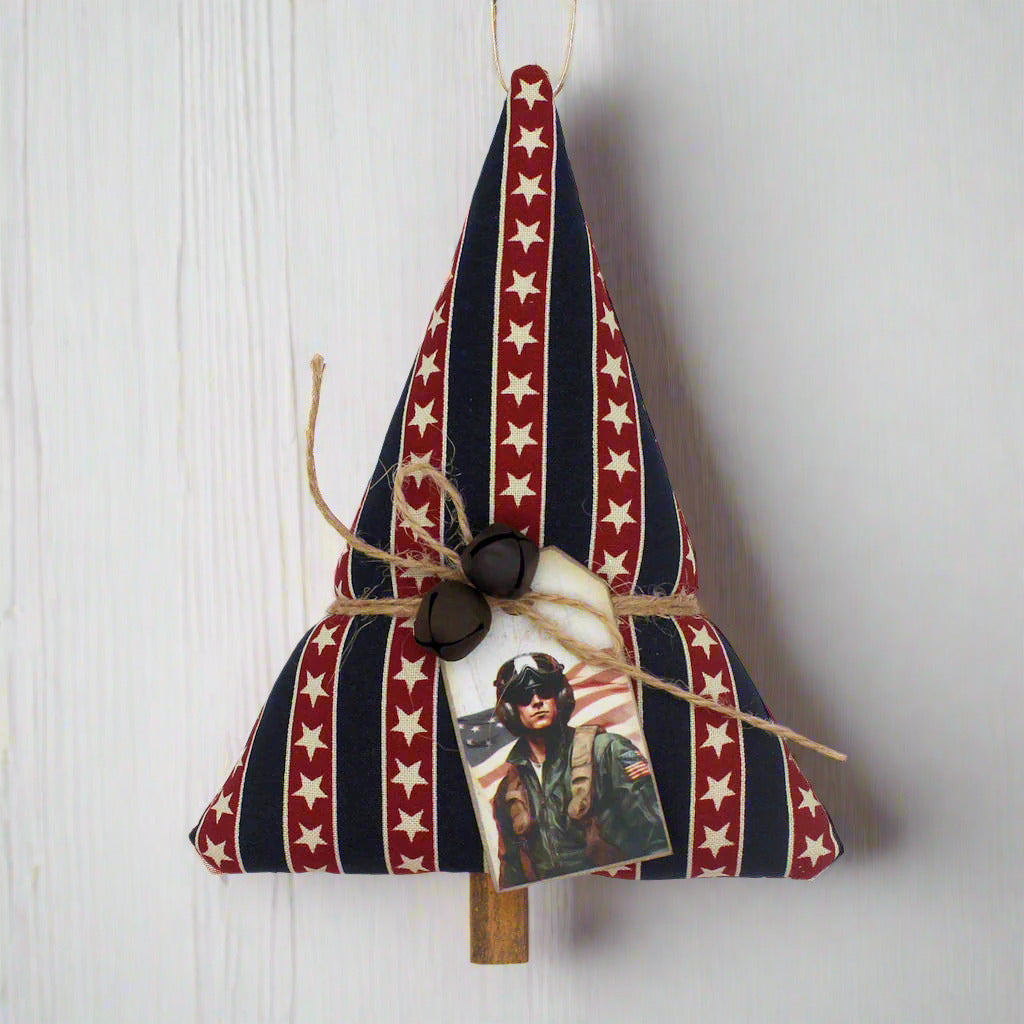 Decorative item with American flag pattern and a tag of a man wearing a military uniform.