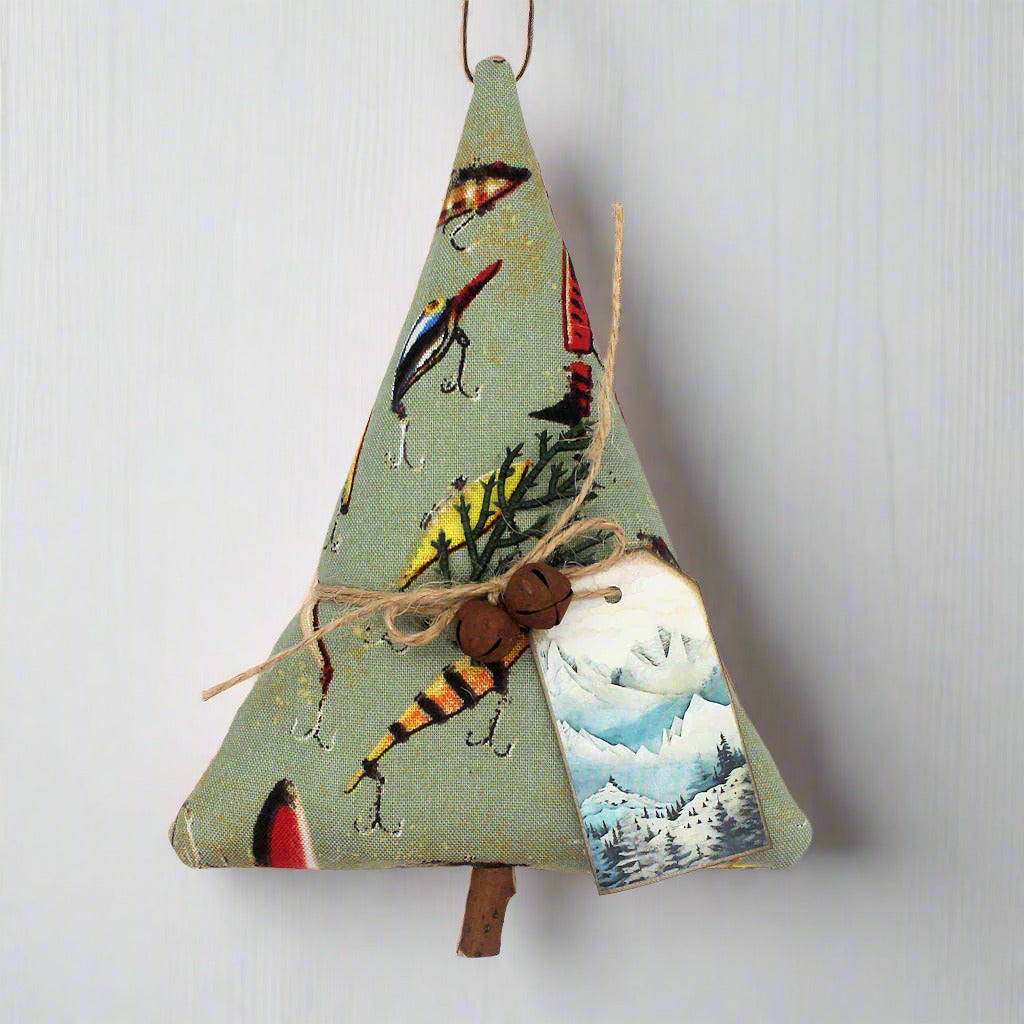 Decorative Christmas tree ornament with fishing-themed design on a white background