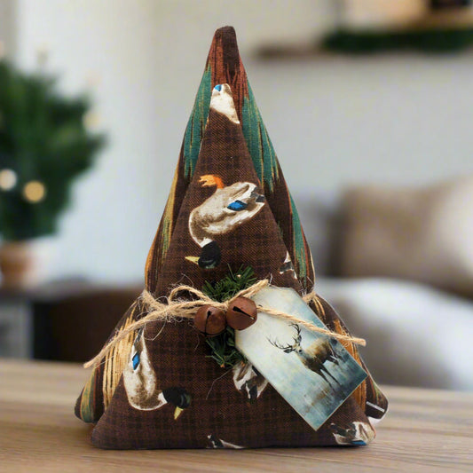 Double Christmas tree decoration with a duck and rustic fabric pattern