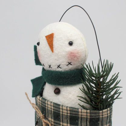 Primitive Snowman in Homespun Mitten Ornament – Rustic Winter Decor