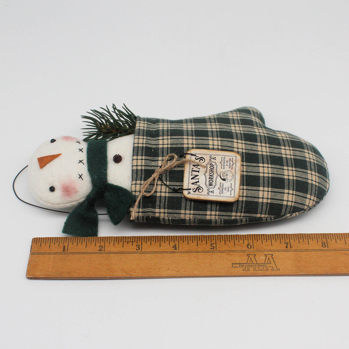 Primitive Snowman in Homespun Mitten Ornament – Rustic Winter Decor