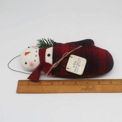 Rustic Snowman Homespun Mitten Ornament – Primitive Winter Decor